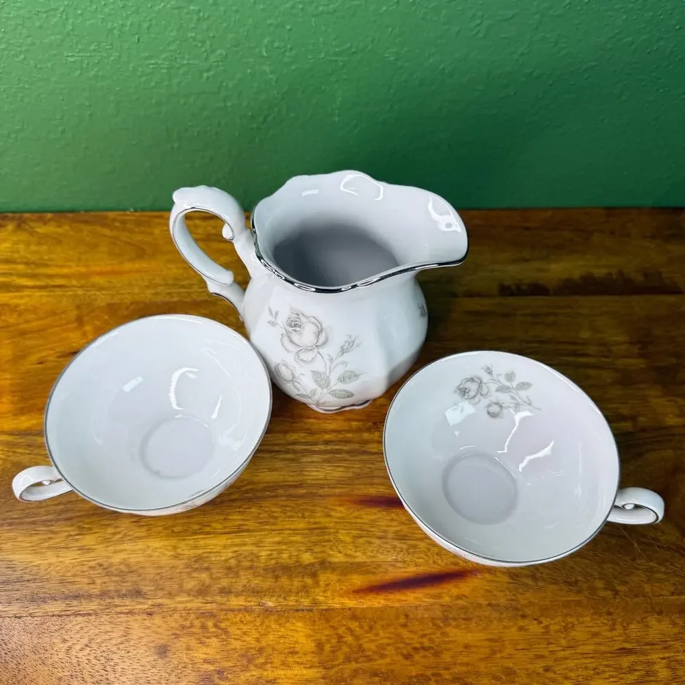 Vintage Mitterteich Mystic Rose Porcelain Tea Cup Set with Creamer